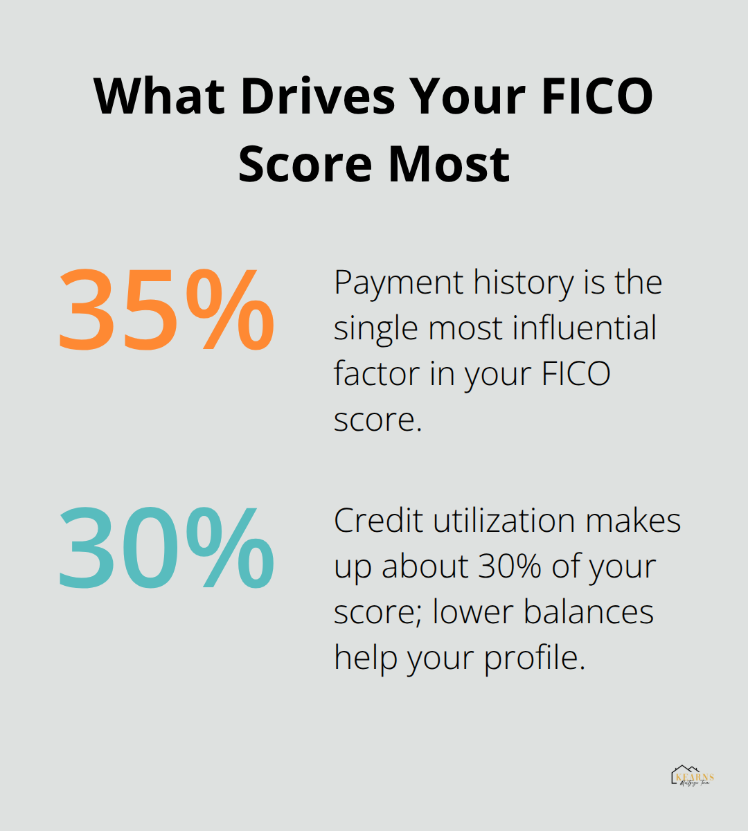 Chart showing the biggest FICO score factors: payment history and credit utilization