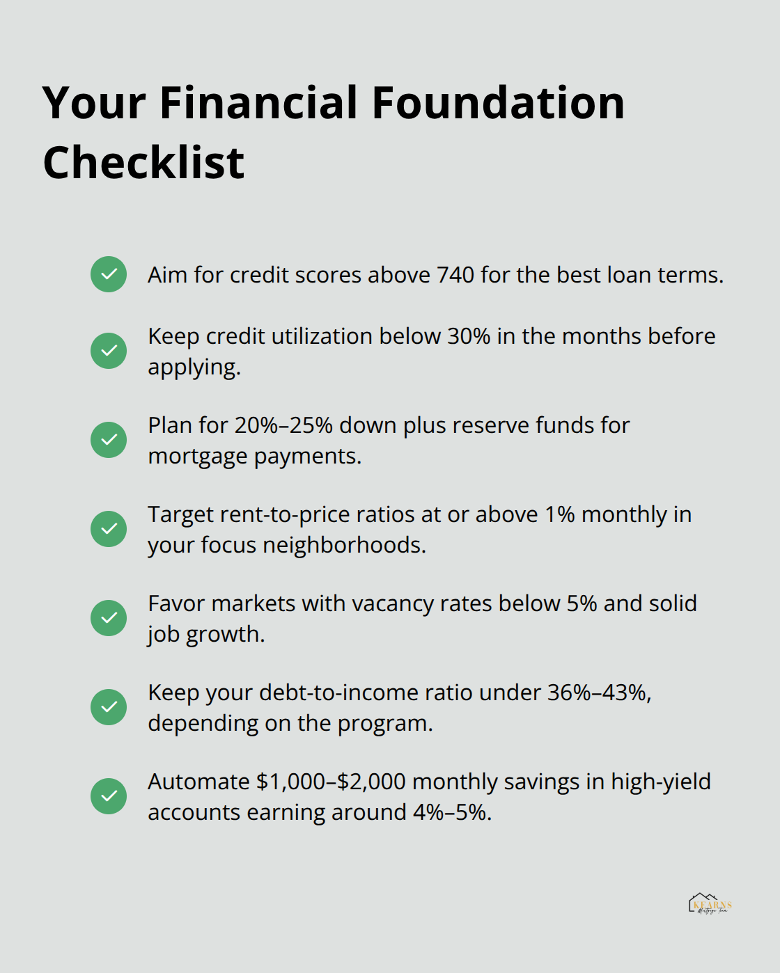 Checklist of credit, savings, and market metrics to prepare for real estate investing - how to start investing in real estate with little money