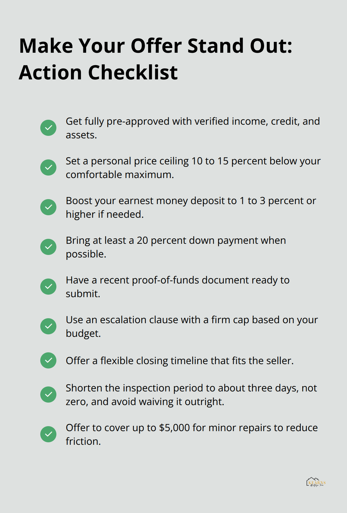 Checklist of steps to strengthen a home purchase offer in a bidding war - how to win a bidding war on a house