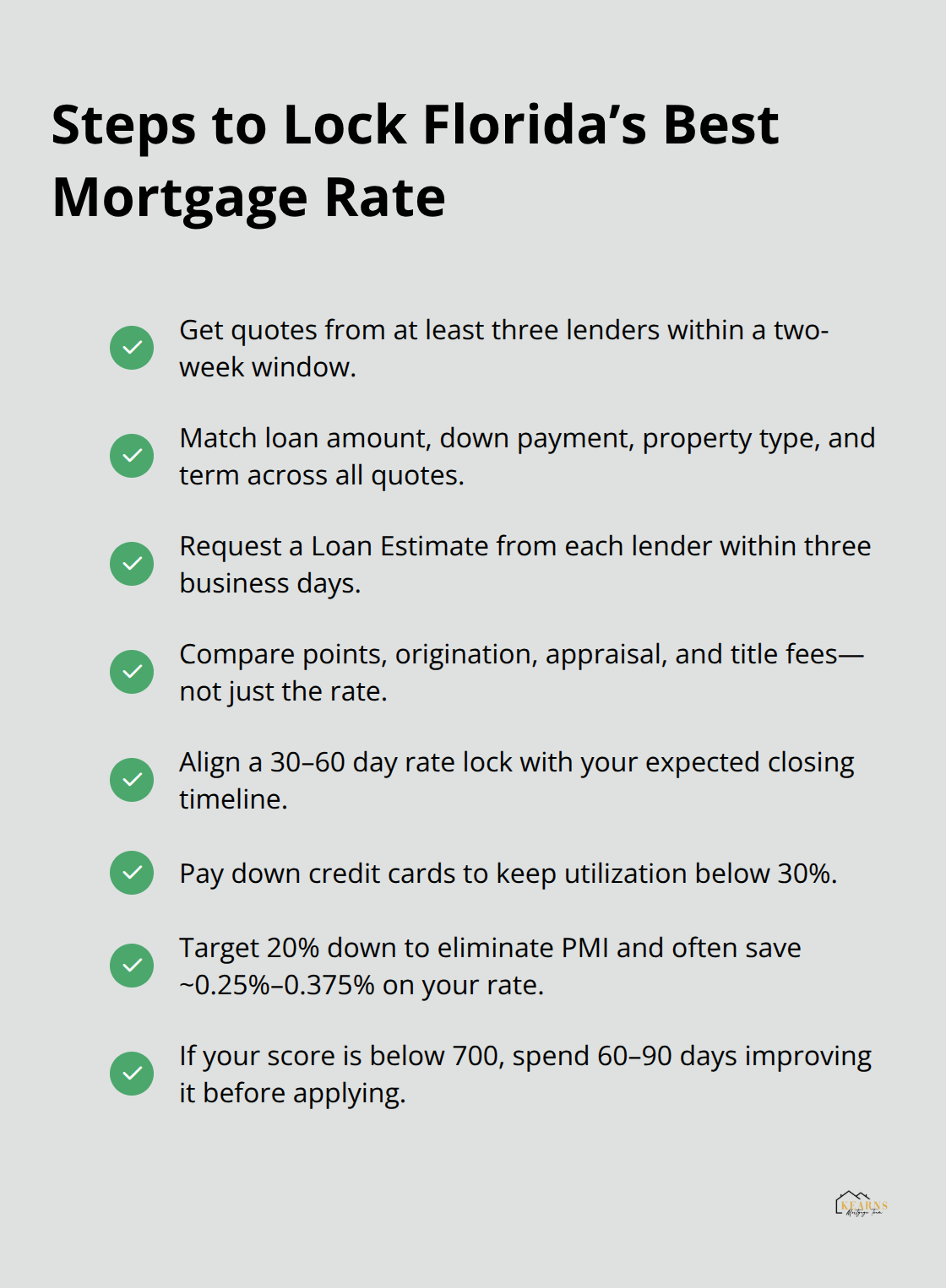 Checklist of actions to compare lenders, control costs, time your lock, and strengthen your profile for a better mortgage rate in Florida. - mortgage rates today in florida