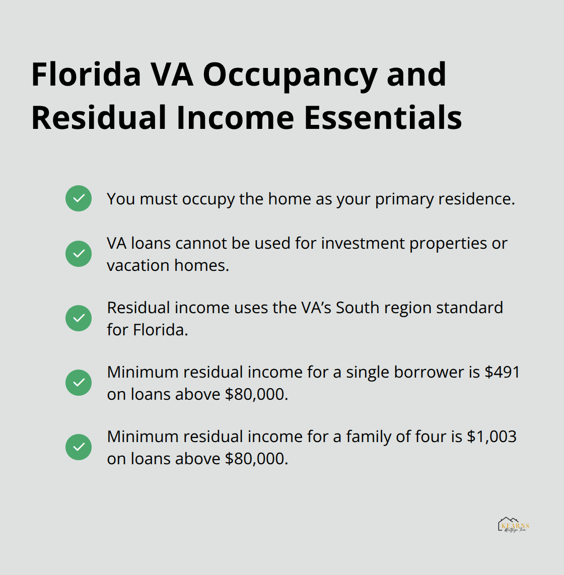 Checklist of Florida VA loan occupancy rules and residual income minimums - va loan requirements florida