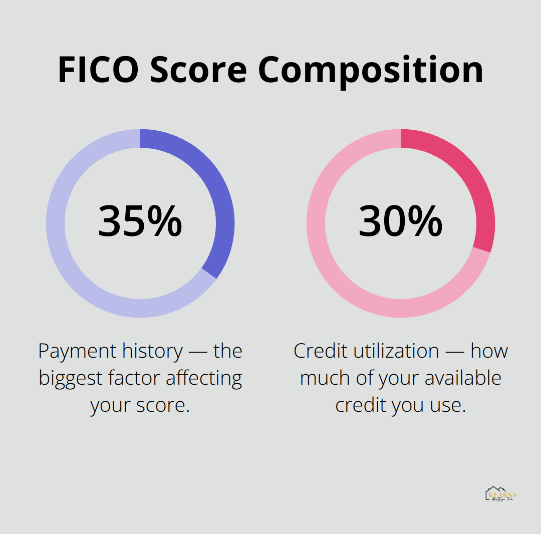 Breakdown showing payment history at 35% and credit utilization at 30% of a FICO score - what credit score is needed to buy a house